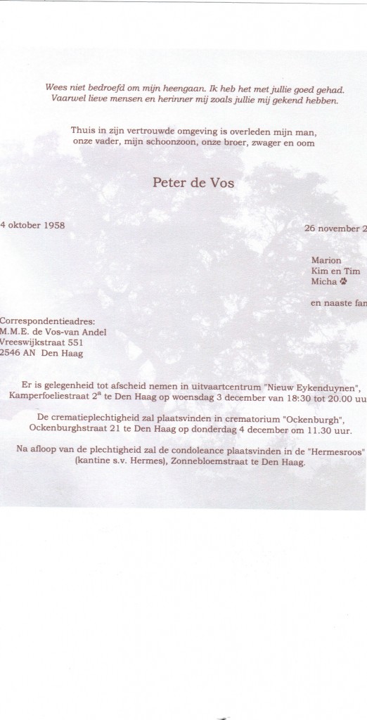 overlijdensbericht Peter de Vos